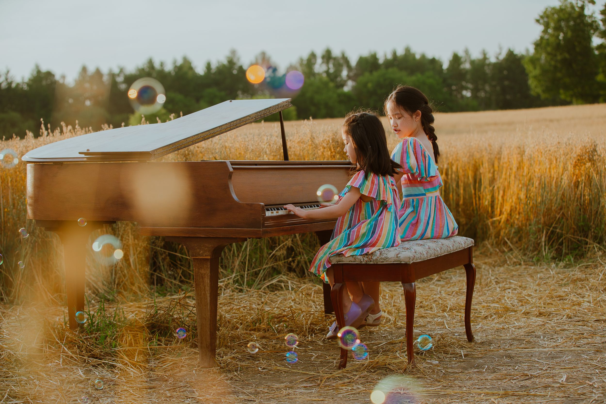A brown grand piano sits outdoors in a golden wheat field with floating soap bubbles creating a dreamy atmosphere.