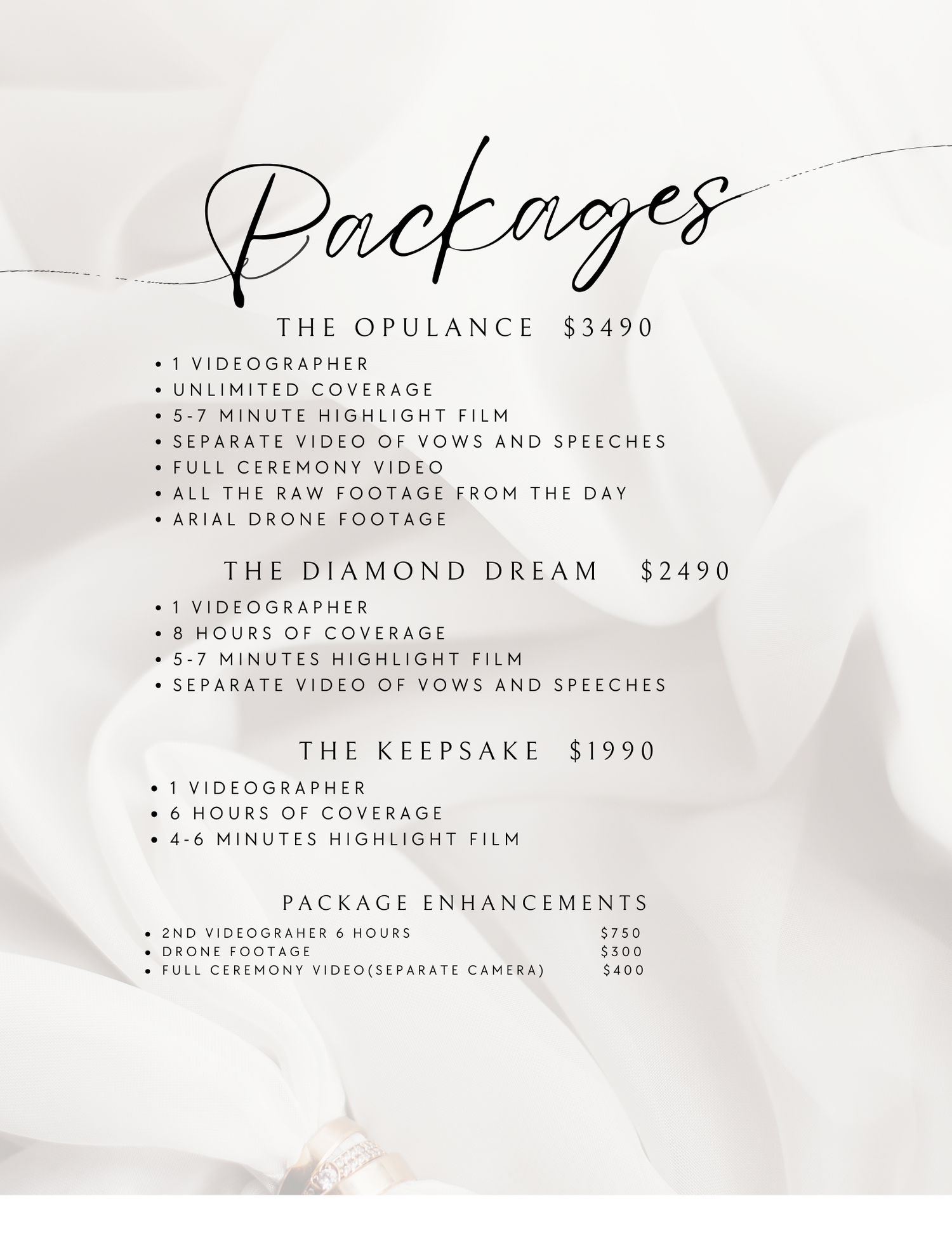 Wedding photography pricing menu showing different packages and services on white background.