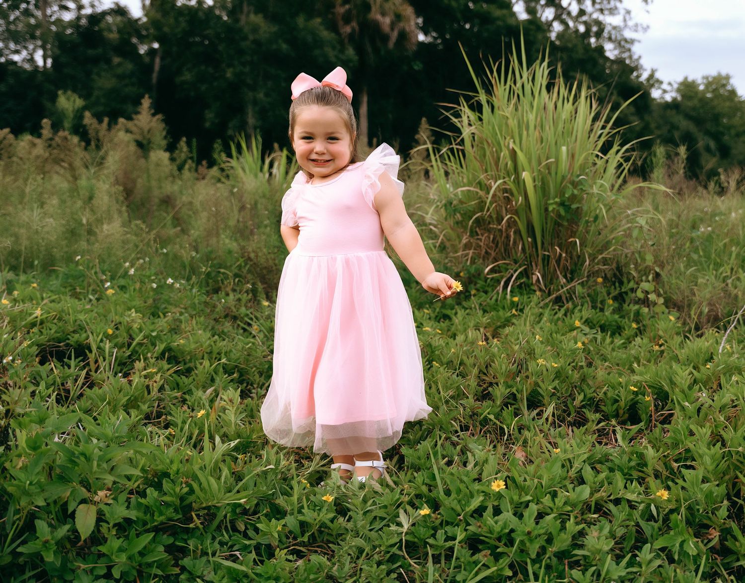 A small child wearing a pink dress stands in a grassy field with wildflowers and ornamental grasses in the background.