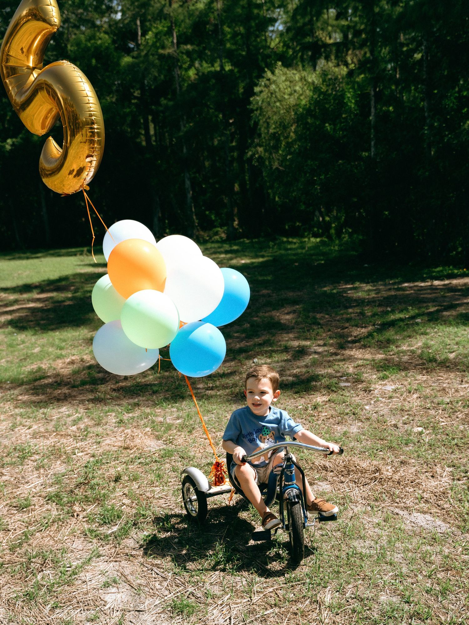 A child rides a tricycle in a grassy outdoor area with colorful balloons tied to the back on a sunny day.