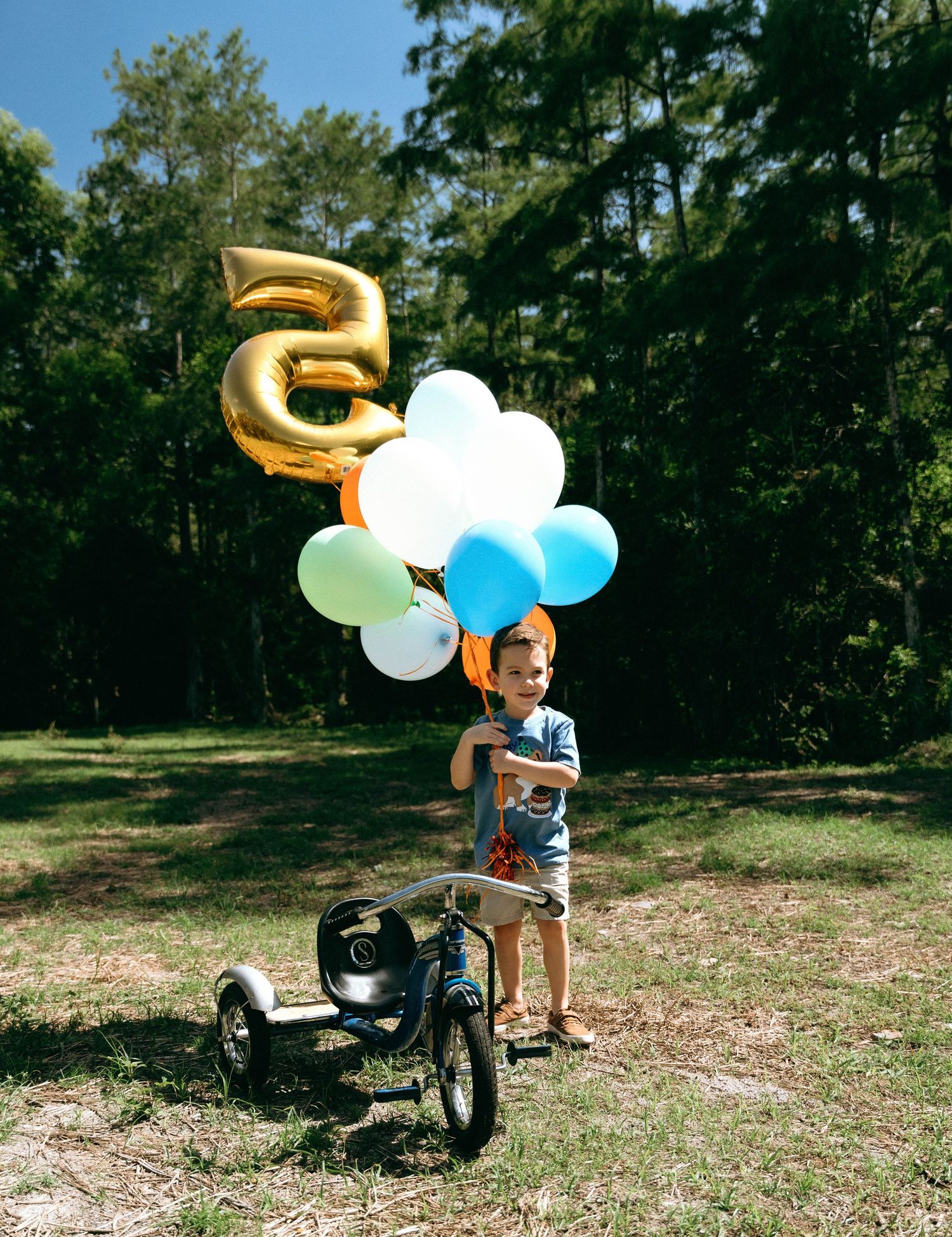 A small child rides a tricycle on grassy ground while festive balloons in blue, white and gold float behind them at a celebration.