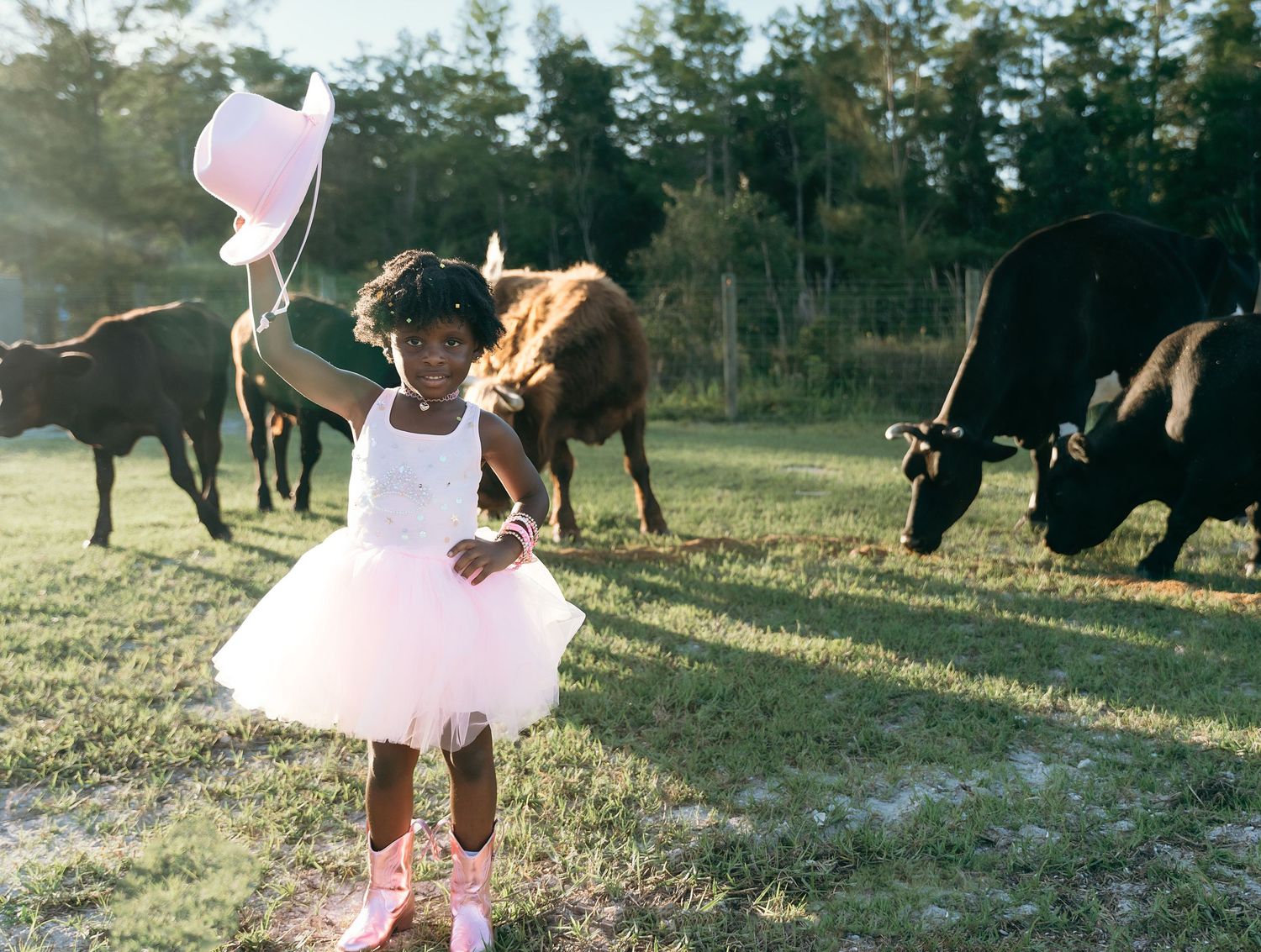 Young dancer in pink tutu twirls with balloons in a field while cattle graze in the background during sunset.