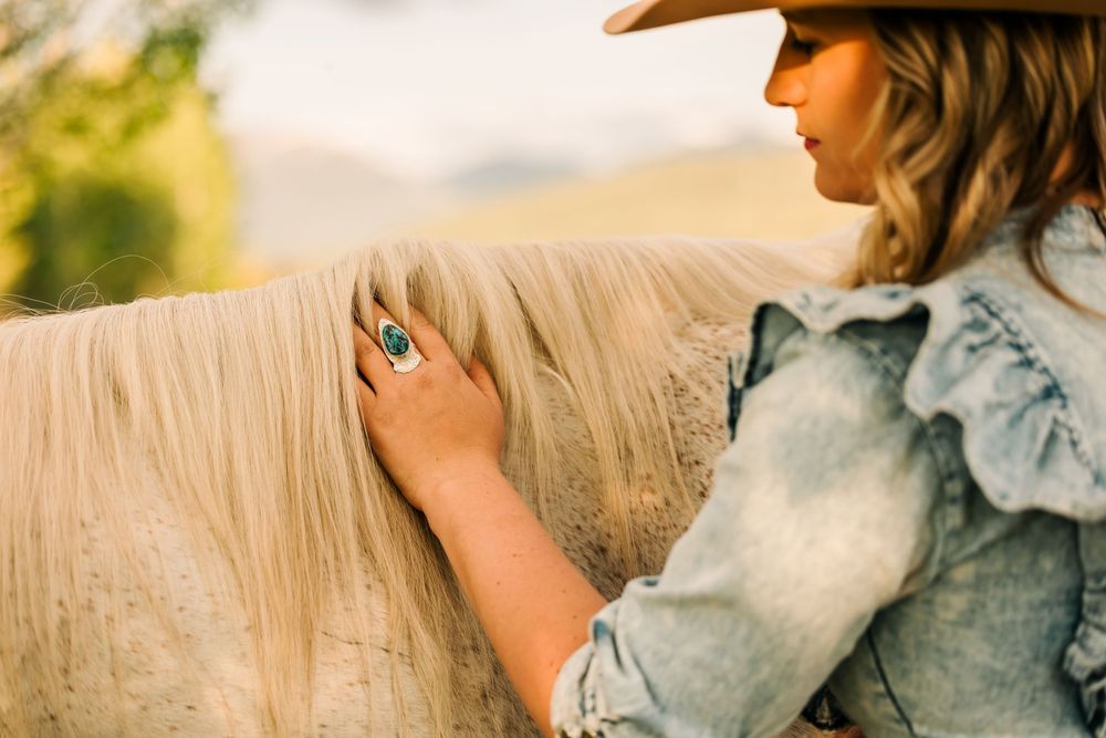 Someone in a denim jacket gently grooming a cream-colored horse with a long flowing mane in golden sunlight.