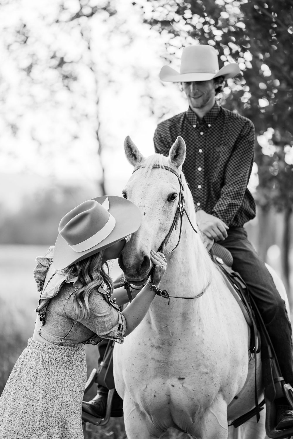 A series of black and white photos showing a person horseback riding in casual western attire through a wooded area.