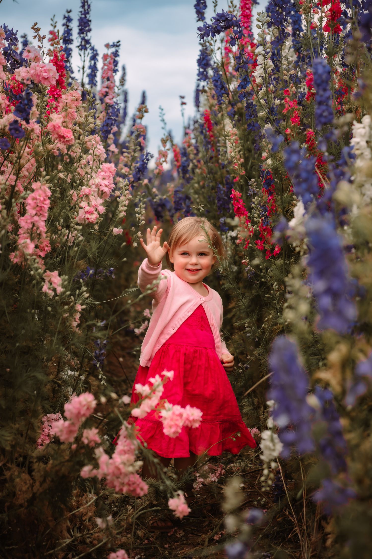 A young child in a red dress stands among blooming pink and purple delphiniums in a summer garden.