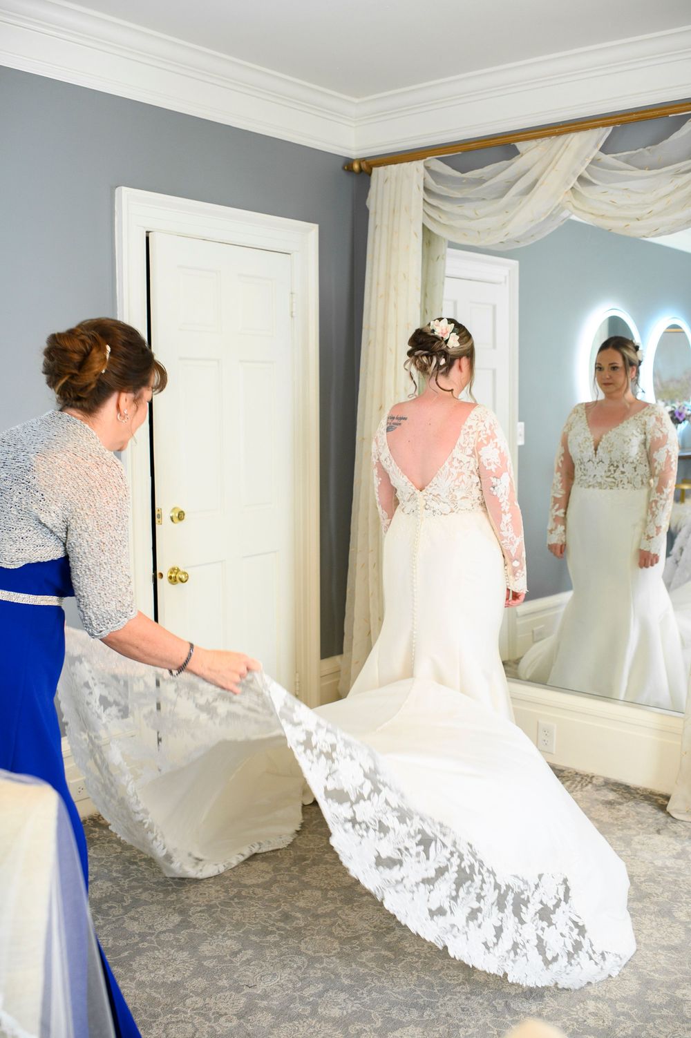 A sequence of white wedding dress fitting images showing the process of bridal preparations in an elegant dressing room. Primrose Cottage
