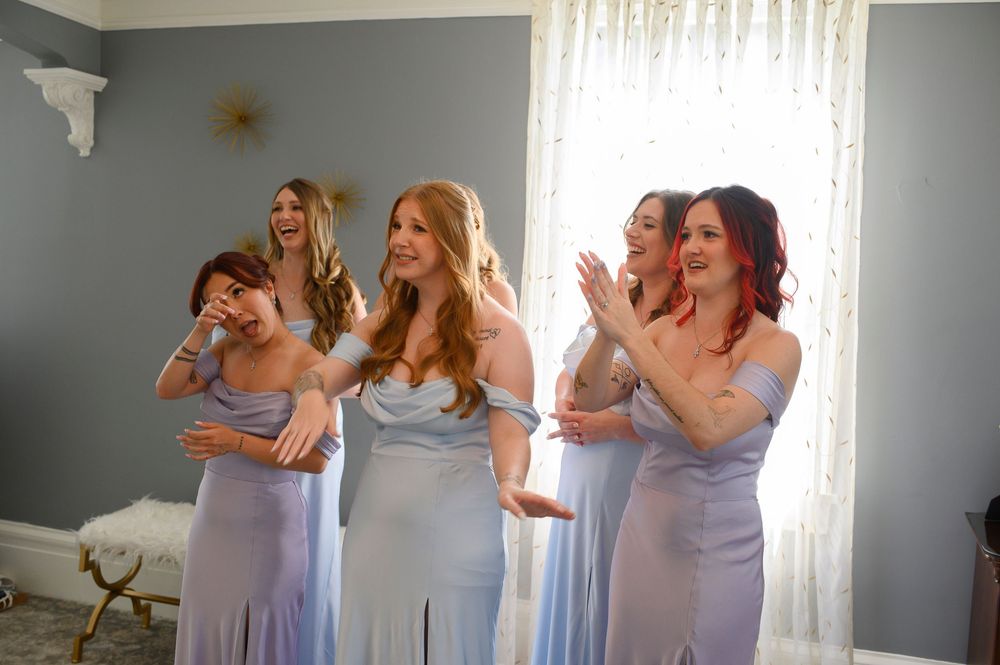 A group of bridesmaids in pale blue dresses pose together in a playful photo collage. Primrose Cottage Wedding Photos