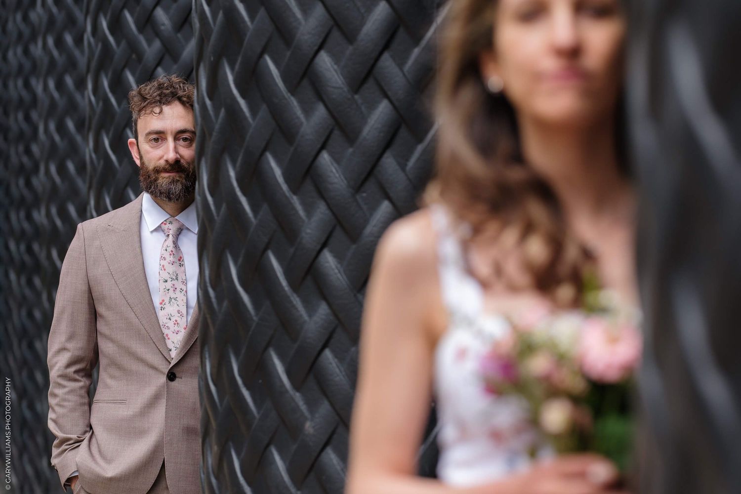 Seven interconnected images showing a bride and groom posing outdoors for romantic wedding portraits.