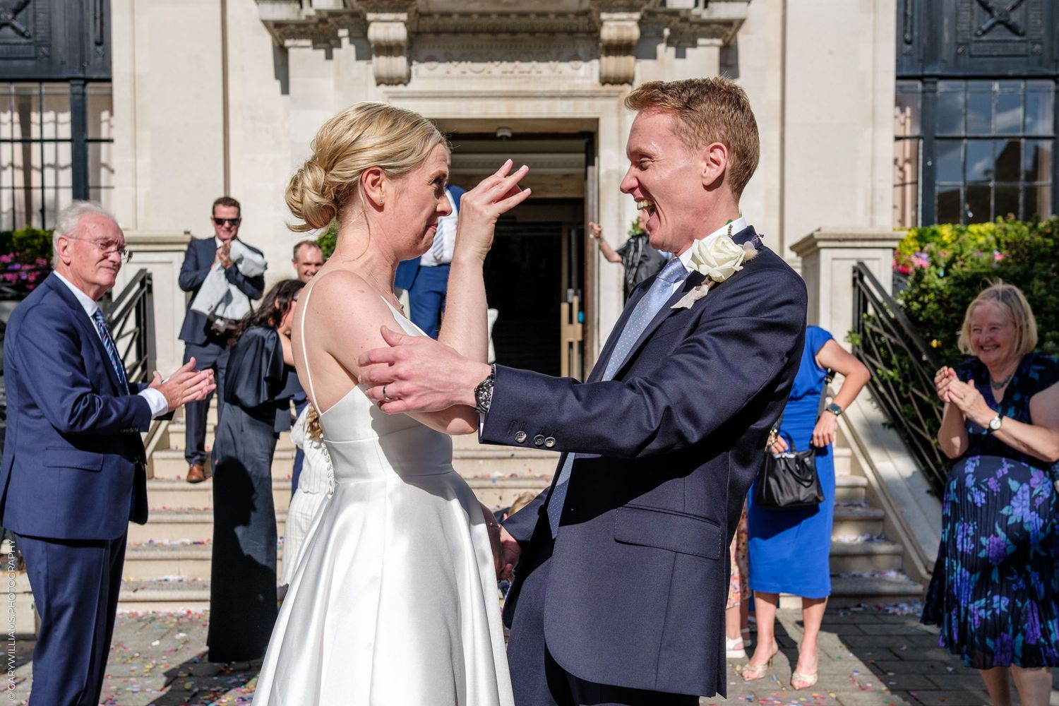 A collection of wedding candid moments showing couples dancing and celebrating at an outdoor venue.