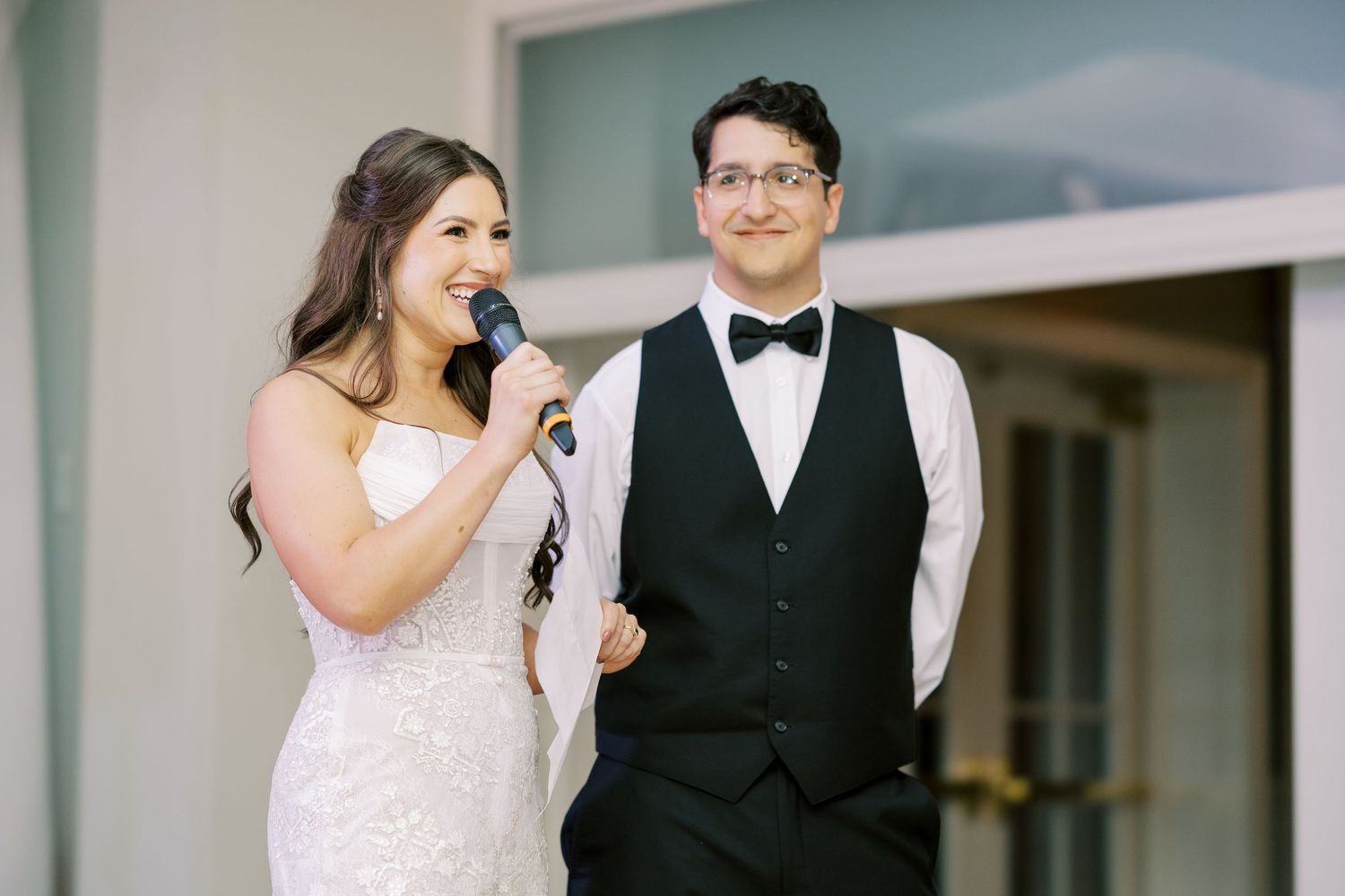 Four wedding photos showing the couple in celebratory moments with drinks and joyful expressions.