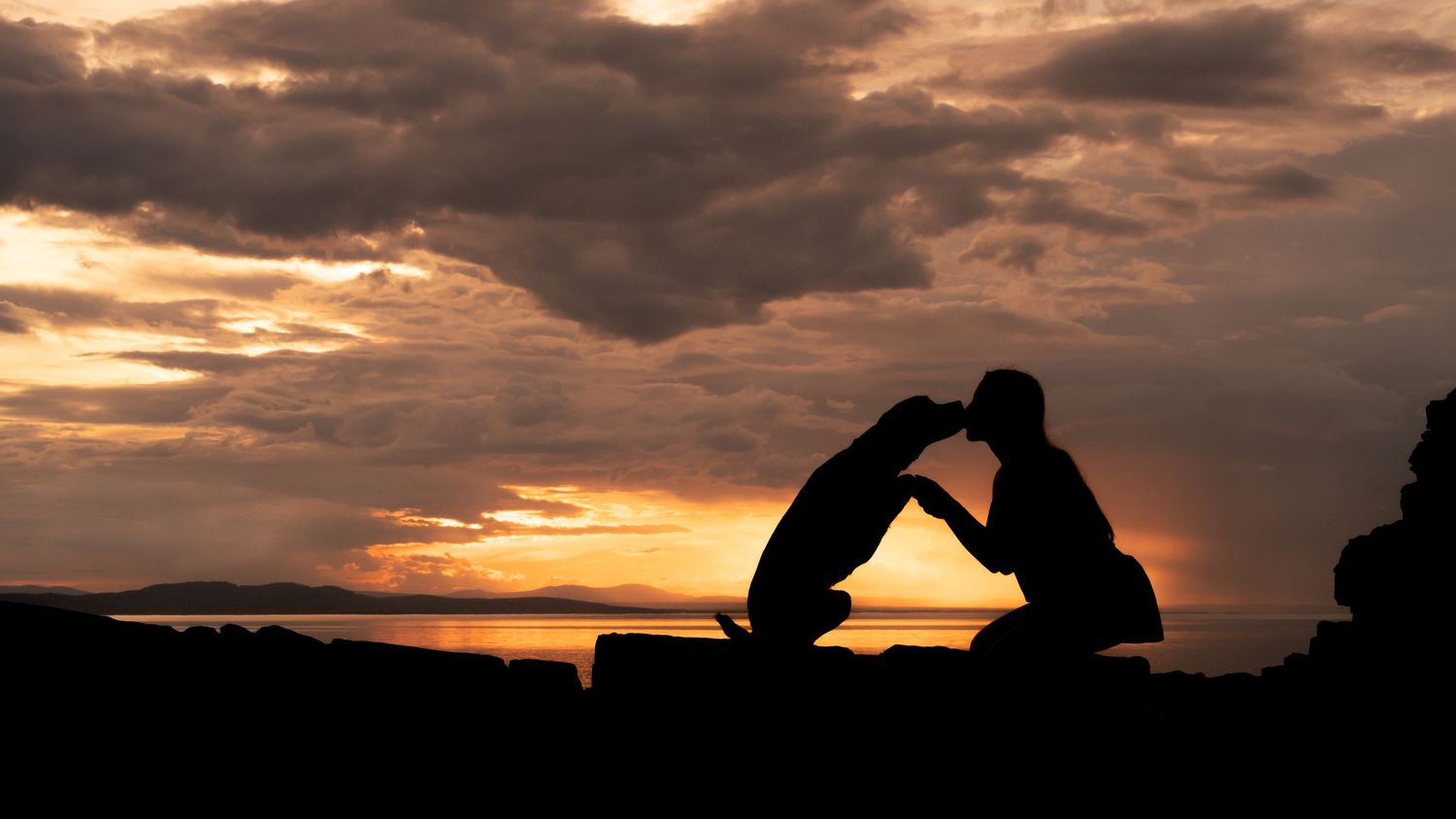 Two silhouetted figures arch backwards against a dramatic sunset sky with warm orange clouds on the horizon.