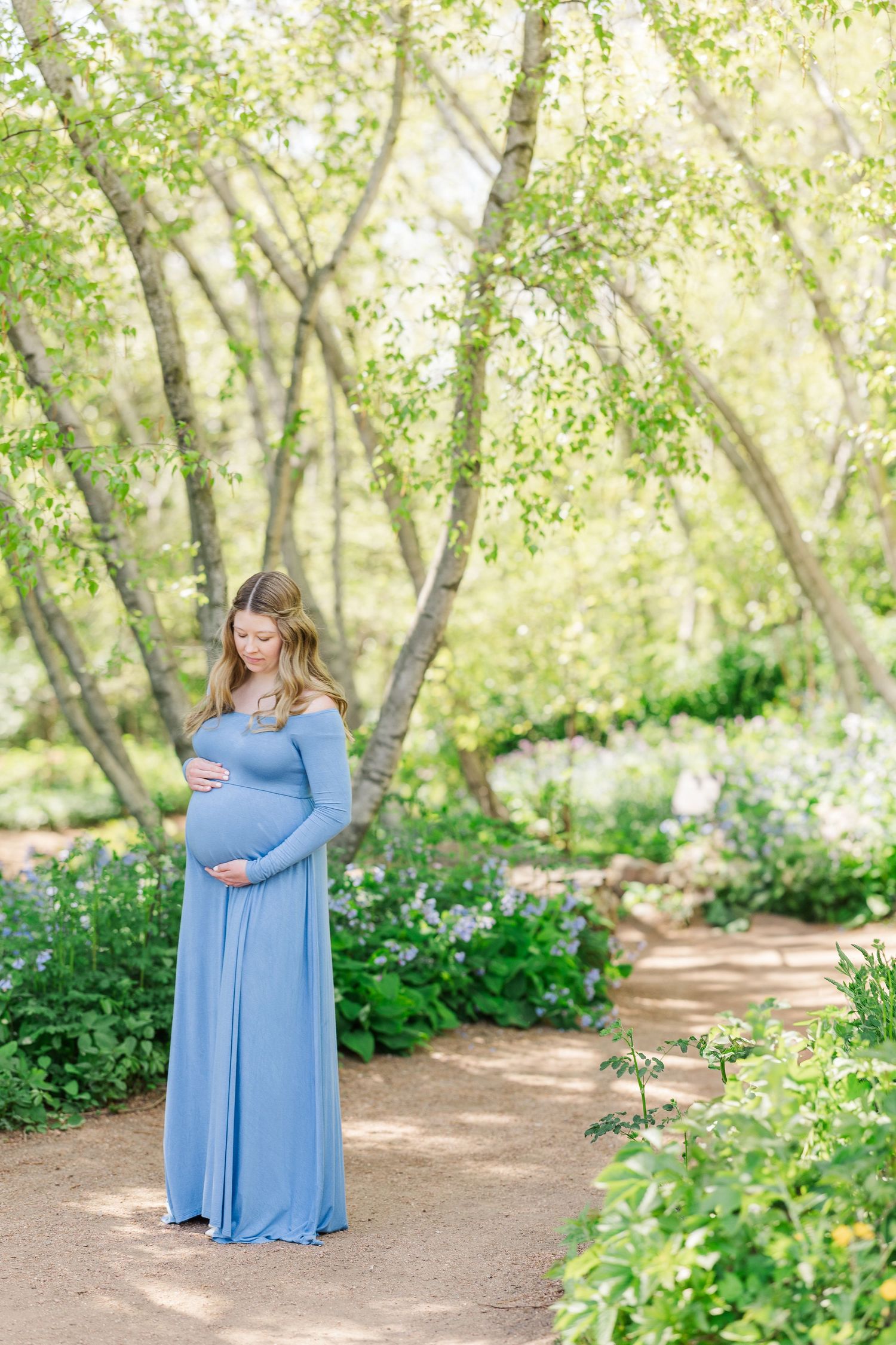 A figure in a flowing light blue maternity dress stands on a garden path surrounded by spring greenery and sunlit trees at Chicago Botanic G