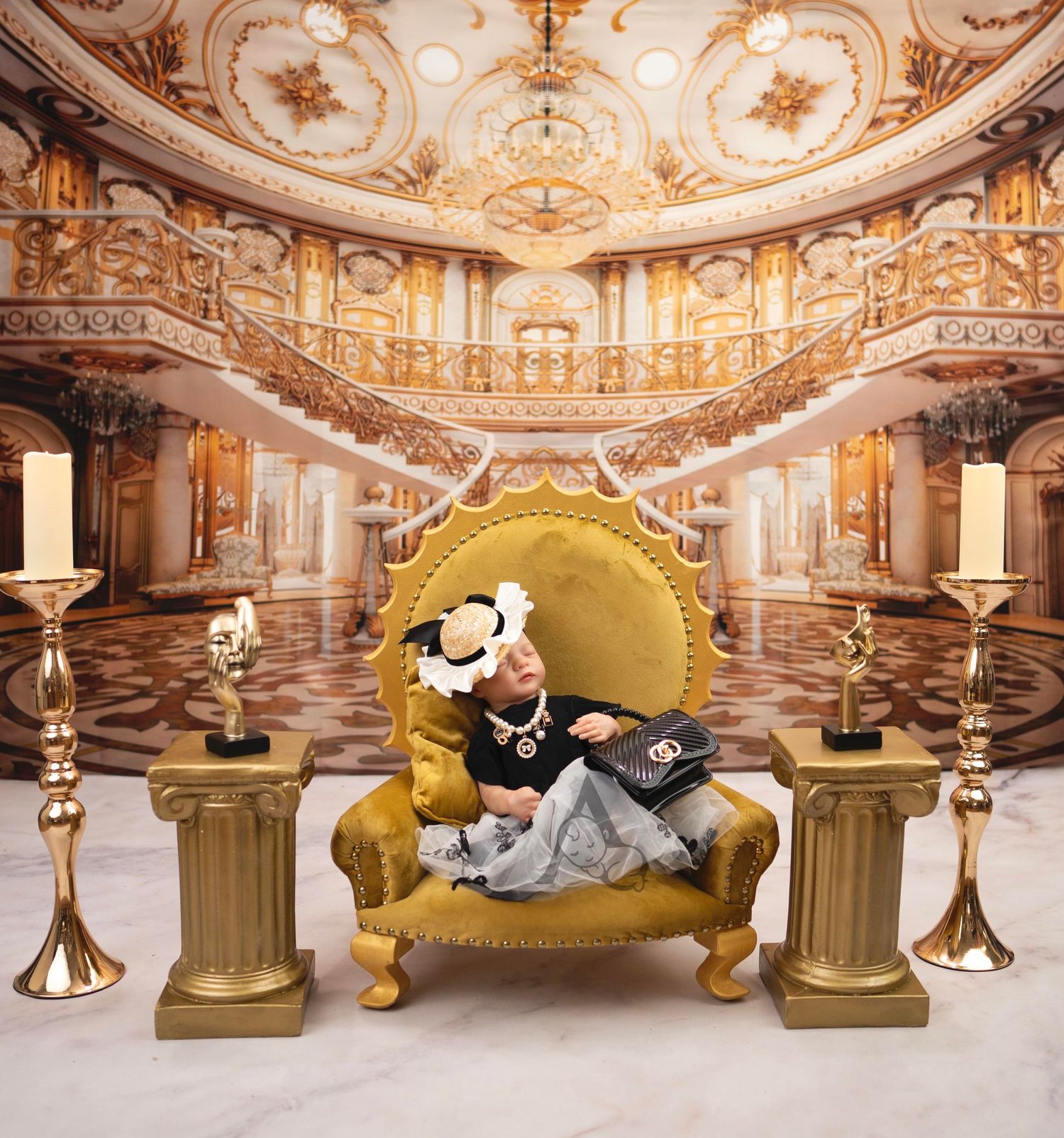 Grand baroque ballroom setting with ornate ceiling, gold chair and classical architectural details.