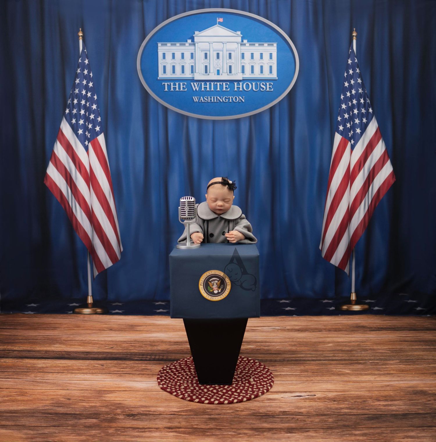 A miniature figure stands at a replica White House press podium flanked by American flags in a theatrical setting.