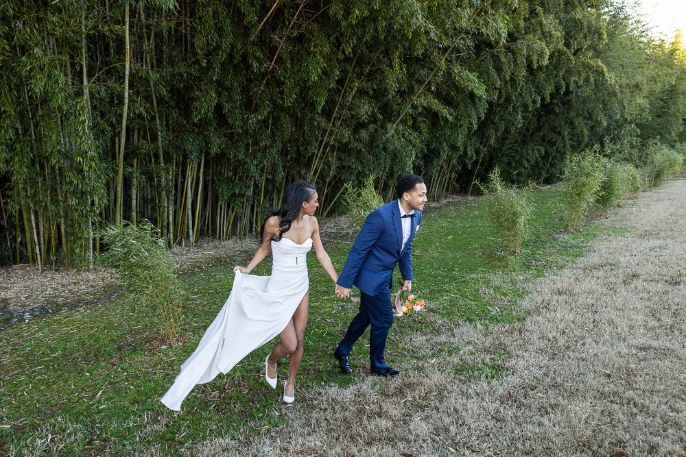 beautiful brides, black bride, black wedding, handsome groom, wedding photographer, Camelot meadows, nc wedding photographer, couple walking