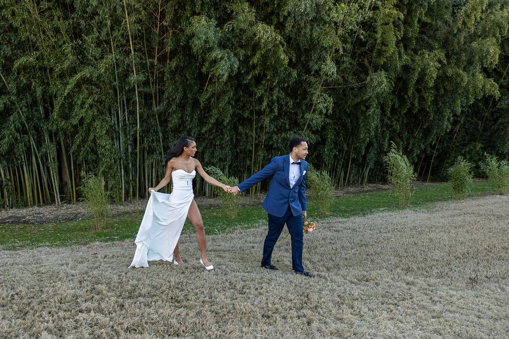beautiful brides, black bride, black wedding, handsome groom, wedding photographer, Camelot meadows, nc wedding photographer, couple walking