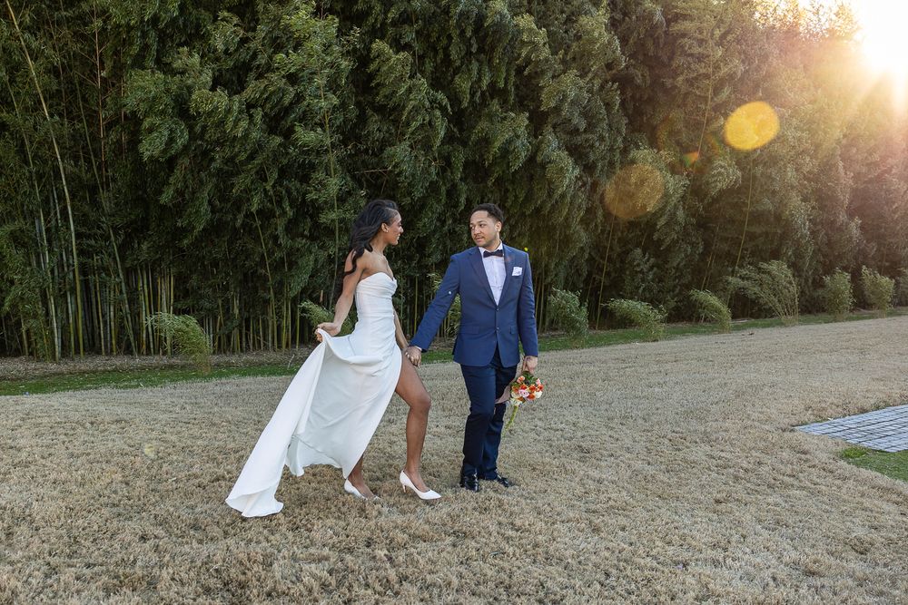 beautiful brides, black bride, black wedding, handsome groom, wedding photographer, golden hour, nc wedding photographer, couple walking