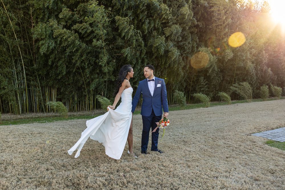 beautiful brides, black bride, black wedding, handsome groom, wedding photographer, golden hour, nc wedding photographer, couple walking