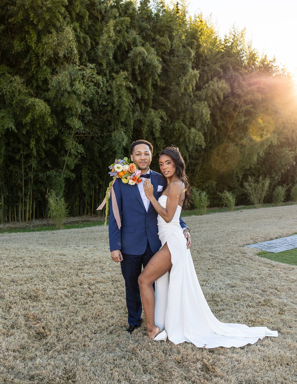 beautiful brides, black bride, black wedding, handsome groom, wedding photographer, golden hour, nc wedding photographer, couple posing