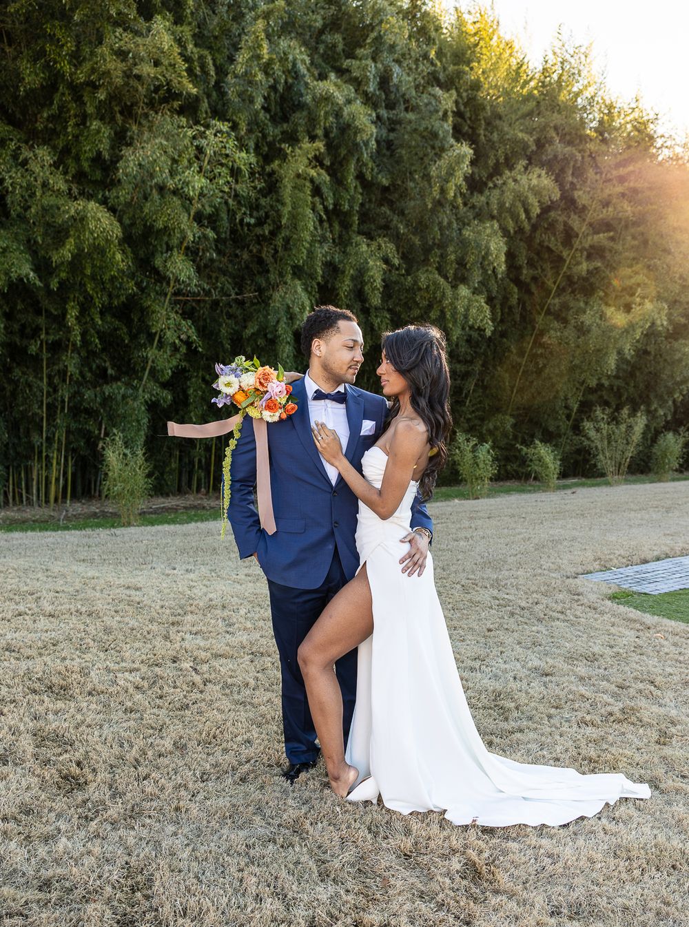 beautiful brides, black bride, black wedding, handsome groom, wedding photographer, golden hour, nc wedding photographer, couple posing