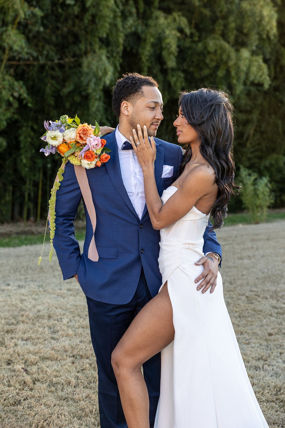 beautiful brides, black bride, black wedding, handsome groom, wedding photographer, golden hour, nc wedding photographer, couple poses