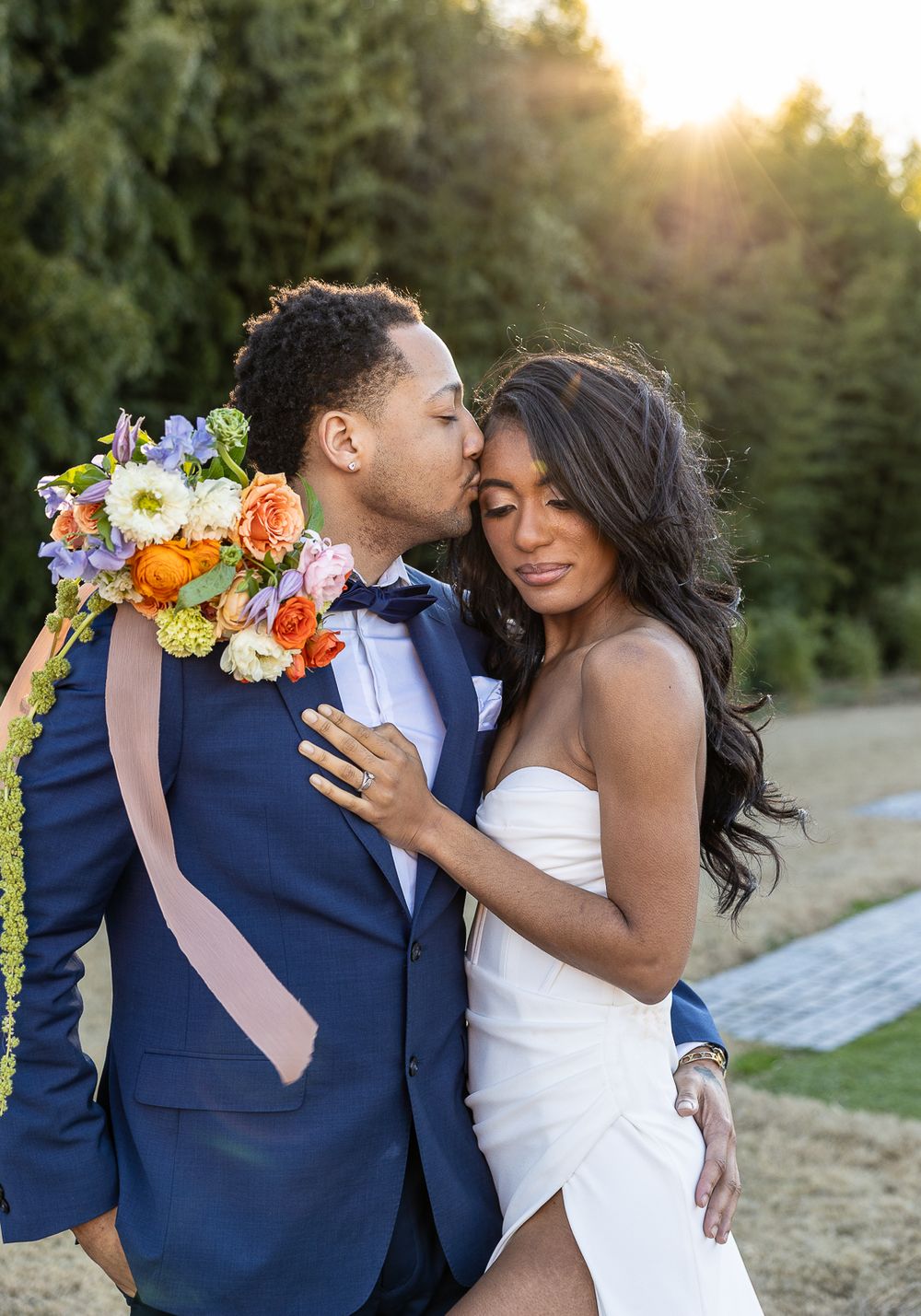 beautiful brides, black bride, black wedding, handsome groom, wedding photographer, golden hour, nc wedding photographer, couple poses