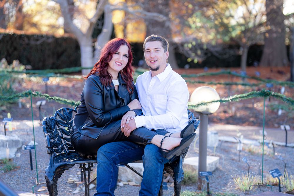 A couple poses together on a park bench surrounded by decorative lights and greenery.