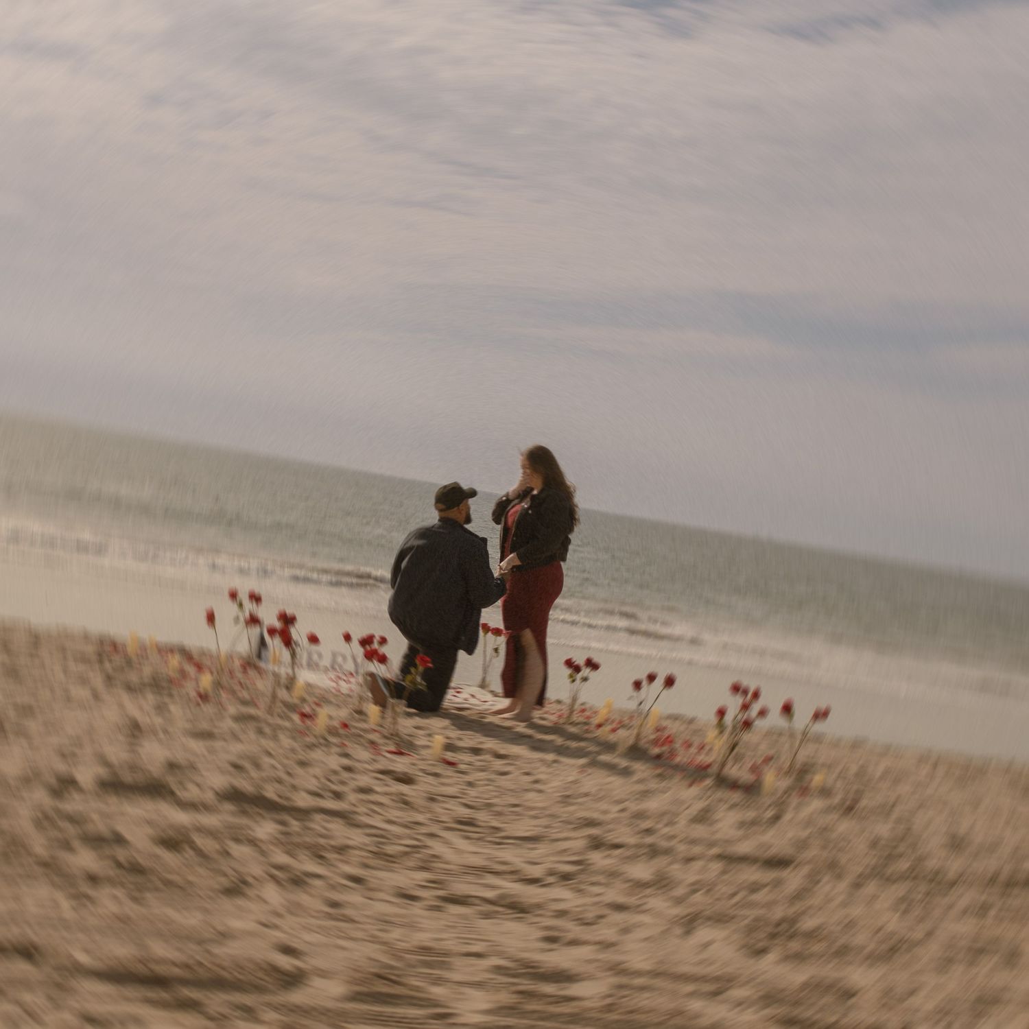 Cinematic and film like photography of a proposal moment with red flowers scattered around at Newport Beach California