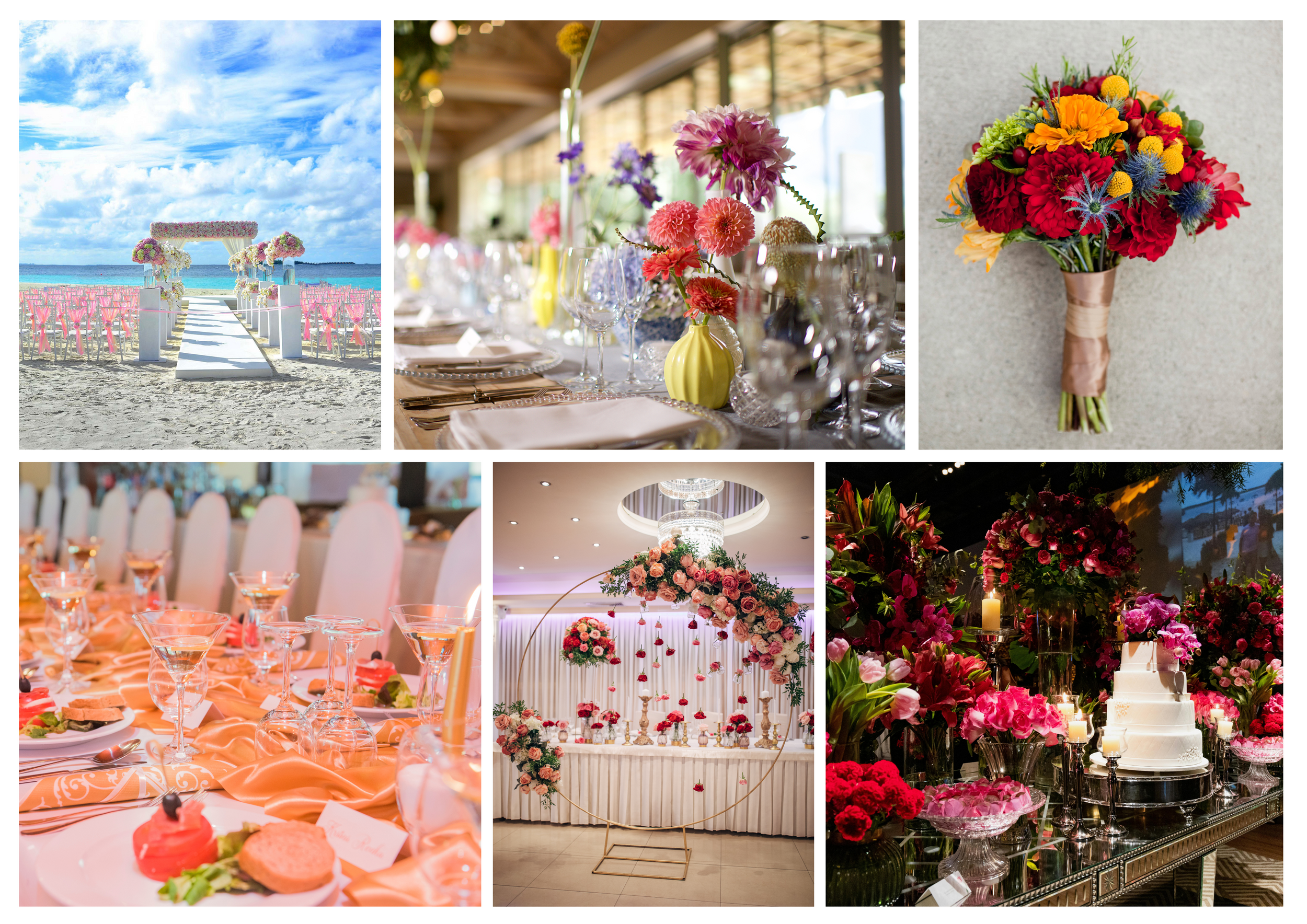 A collage of wedding reception decor featuring beach ceremony setup, floral centerpieces, glassware, and romantic lighting details.