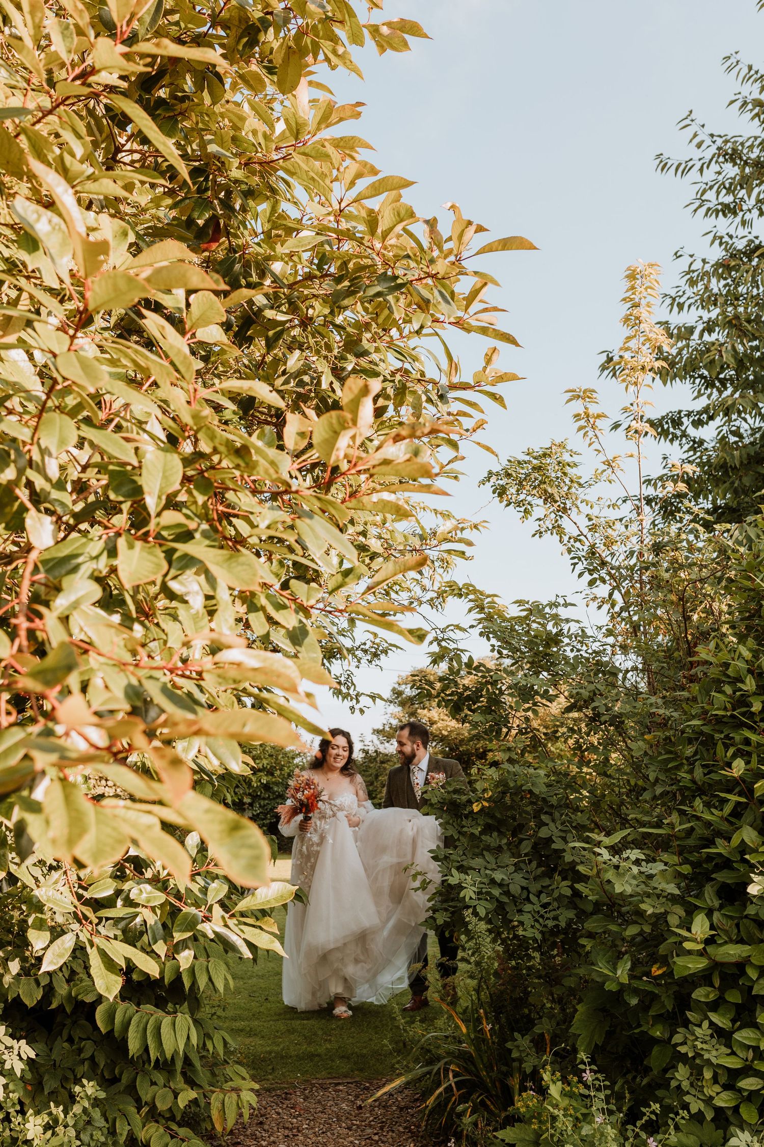 Romantic wedding photo of a couple sitting among lush green trees in an apple orchard during golden hour.