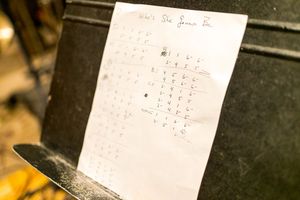 A piece of paper with mathematical calculations and equations written on it rests against a dark surface.