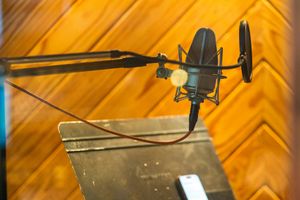 Professional studio microphone on boom arm mounted against orange chevron patterned wall in recording setup.