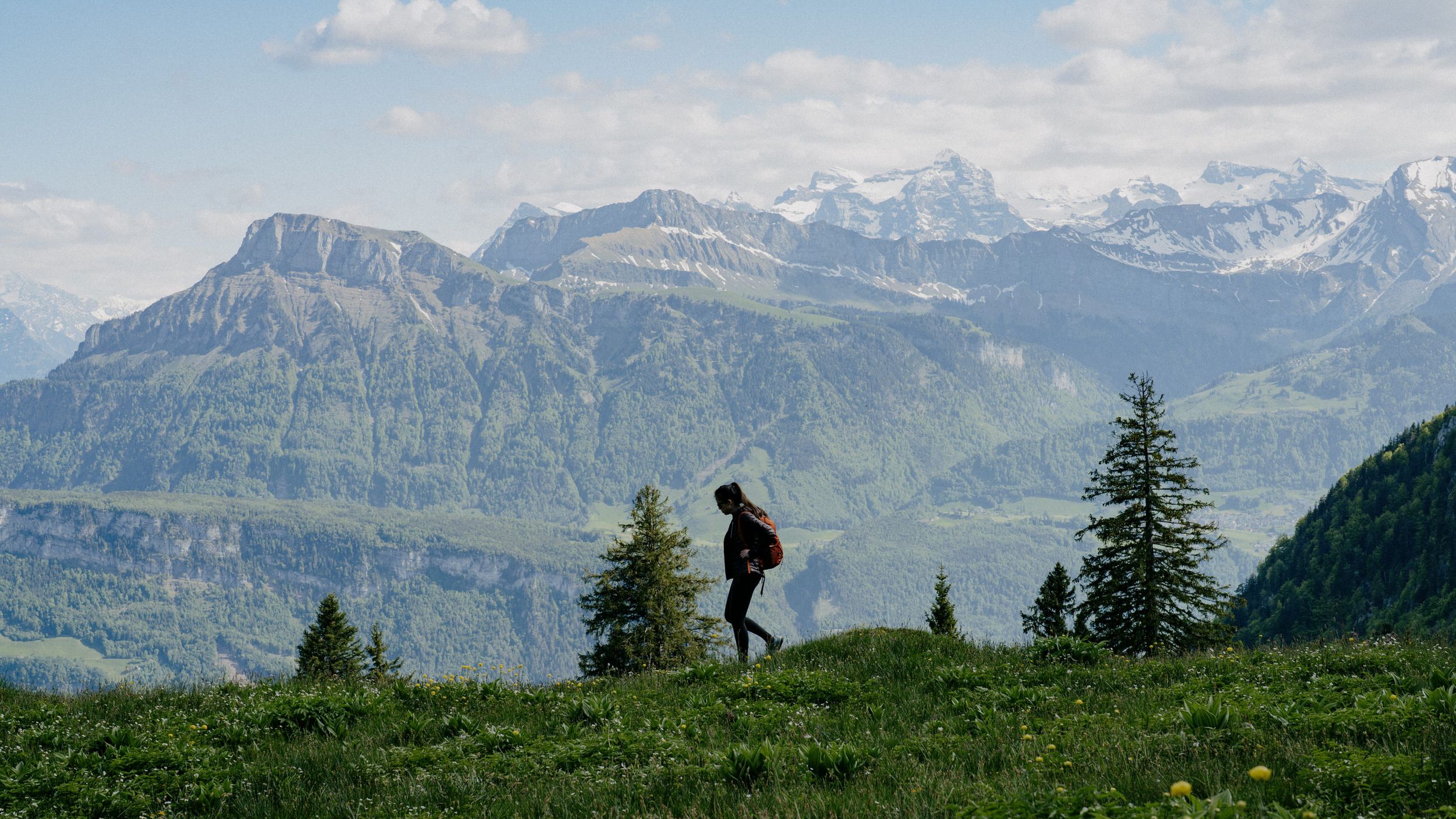 A silhouette of a hiker stands on a grassy hill overlooking majestic snow-capped mountain peaks in the Alps.