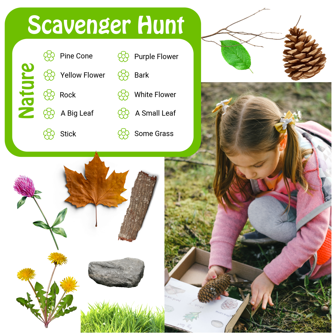 Nature scavenger hunt checklist with items like pine cones and flowers next to a young explorer examining outdoor findings.