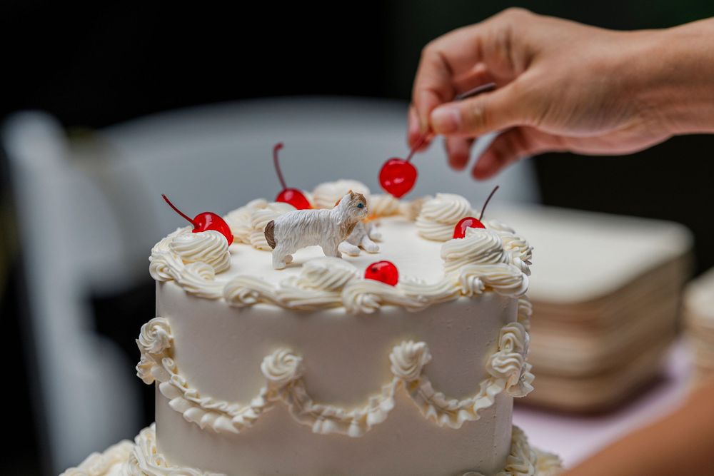 A hand places a maraschino cherry on top of a white wedding cake decorated with delicate piping and whipped cream.