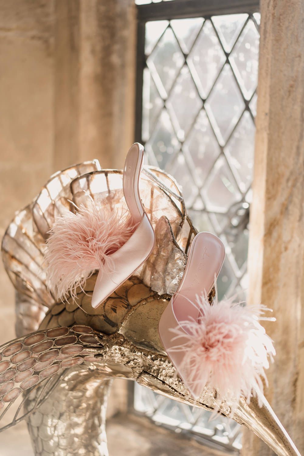 Vintage gold crown with pale pink feathers and tulle displayed by a decorative window with diamond-pattern glass.