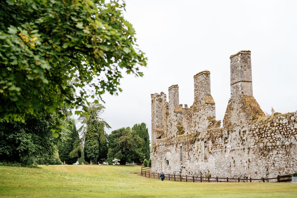 Historic stone ruins of Harburg Castle stand against a green landscape surrounded by tall trees and wooden fence.