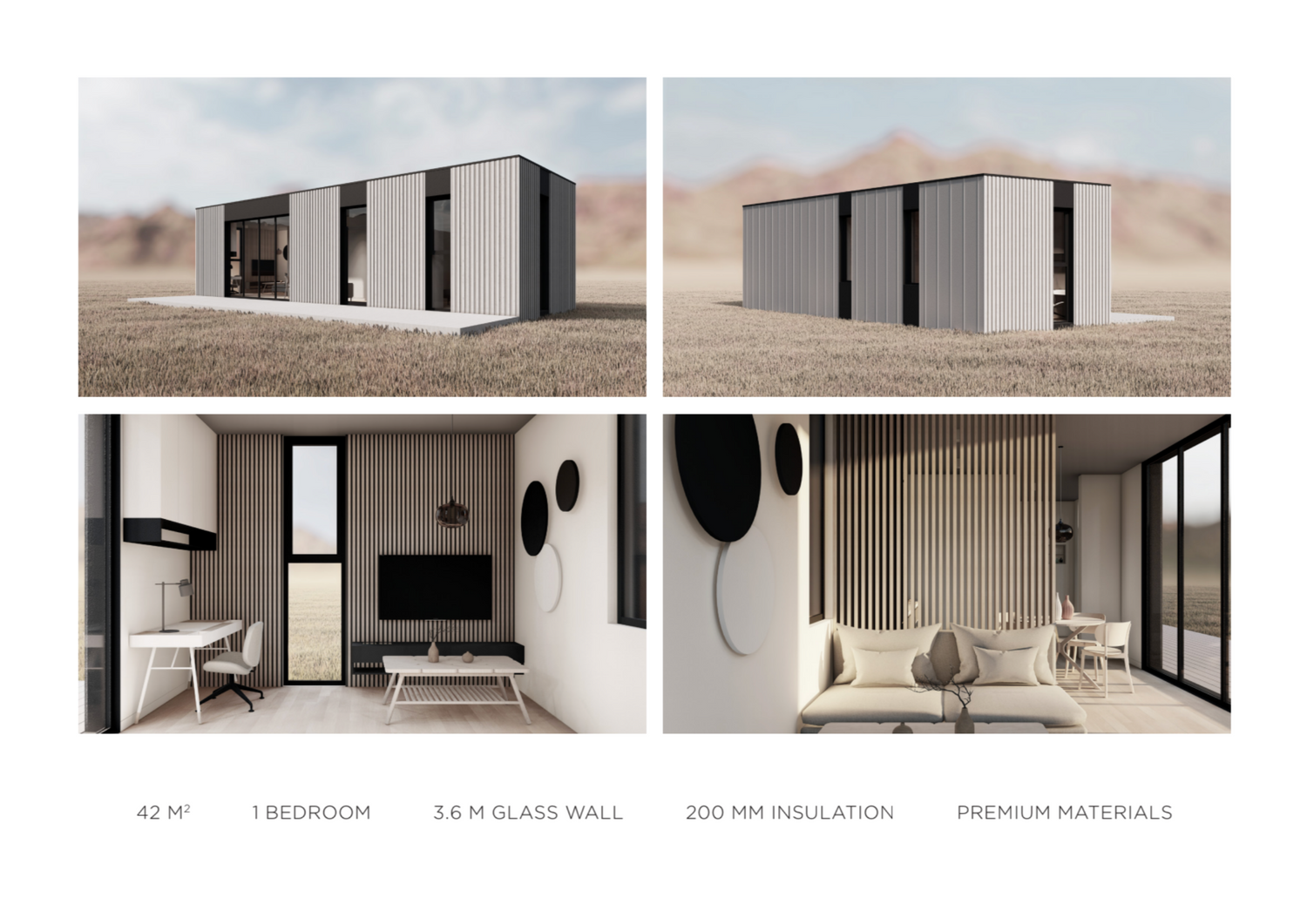 Modern minimalist modular home design with sleek black and white exterior and open-concept interior living spaces.