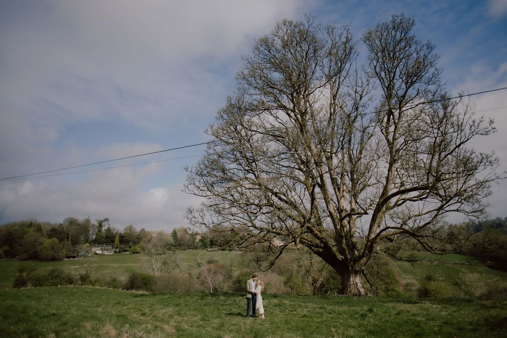 A person stands beneath a large bare tree in a green countryside field on a partly cloudy day.