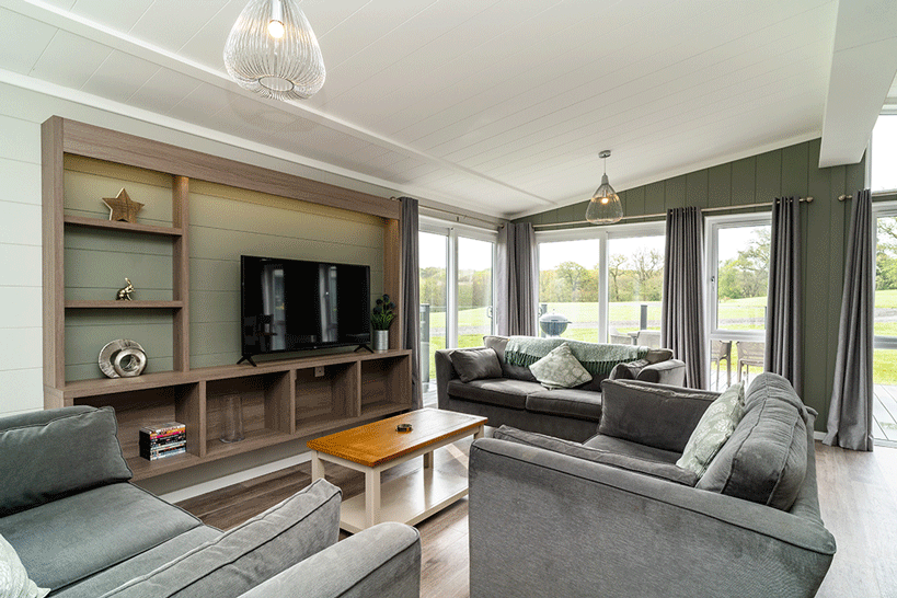 Interior of sitting room in a holiday lodge in Devon