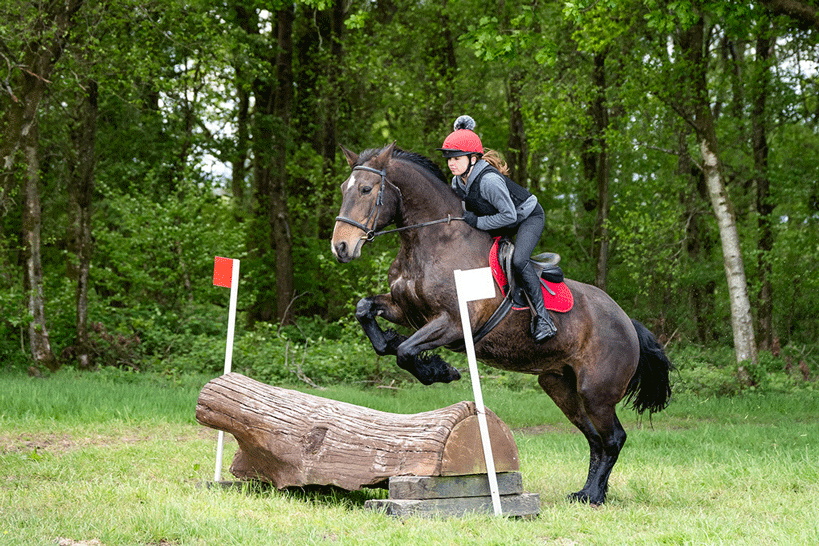 Horse rider jumping a log at a cross country event in Devon