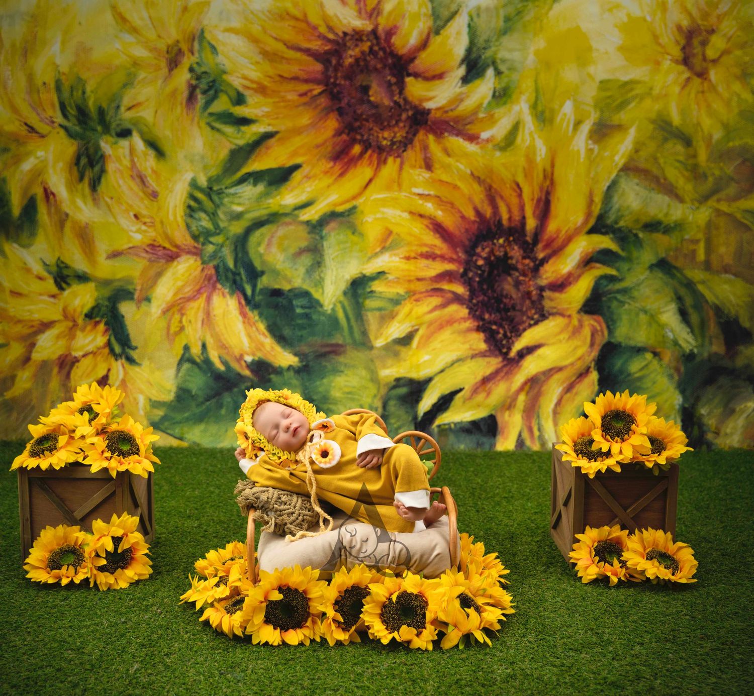 Sunflower themed set with rustic decorations and bright yellow flowers against painted backdrop.