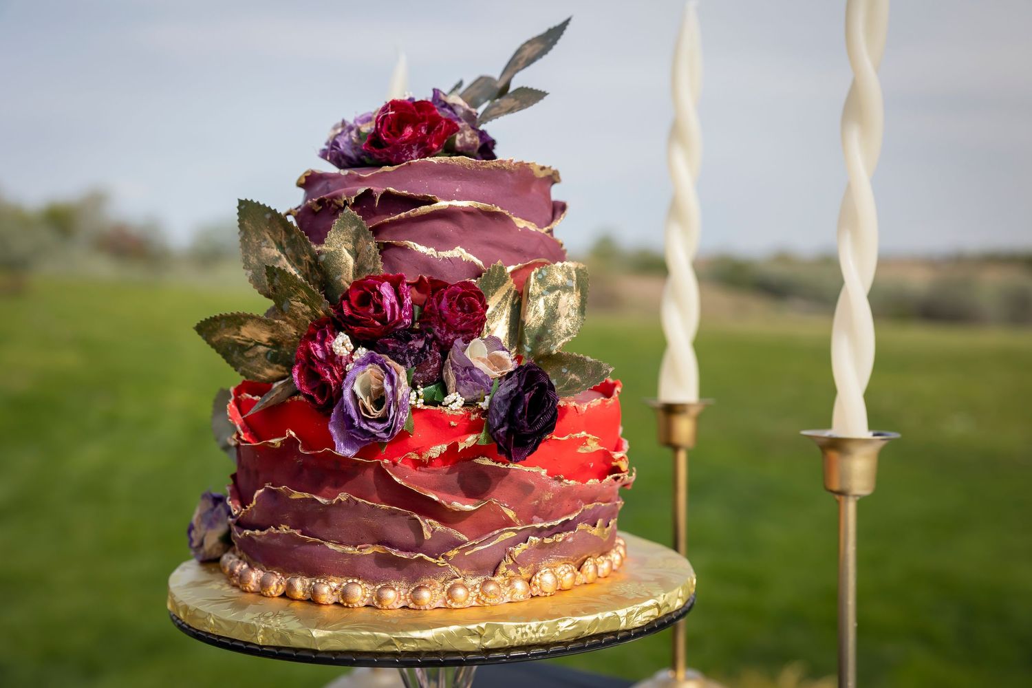 red, purple gold cake by Willow Tree Cottage Bakery at Garman Hill