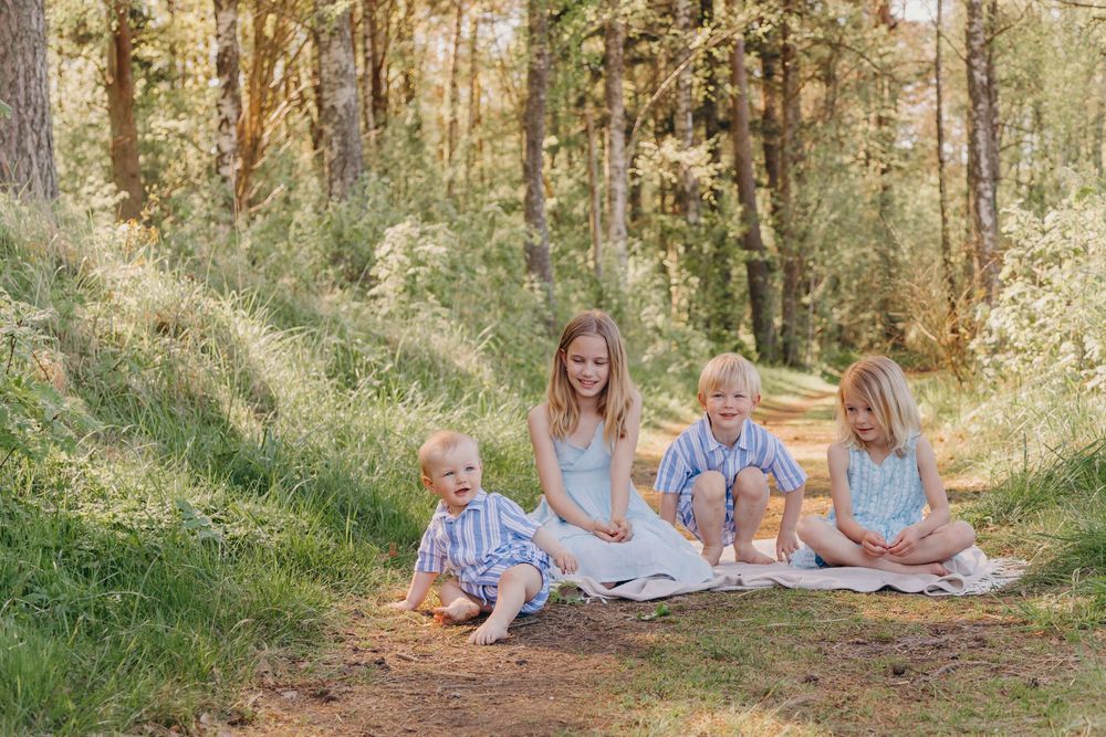 Family group sitting together on grass in a sunlit pine forest clearing.