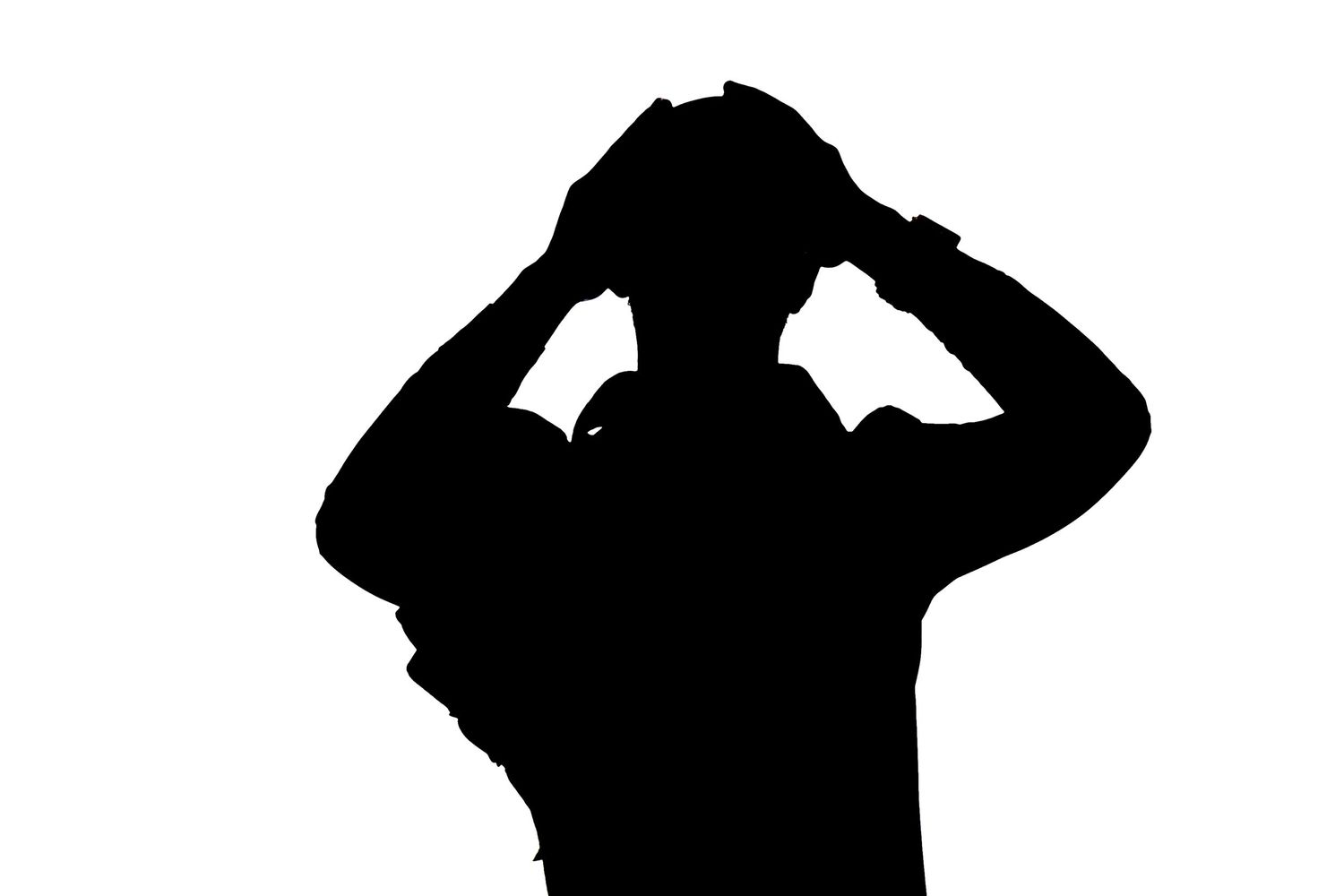 Black silhouette of person holding hands to head against white background.