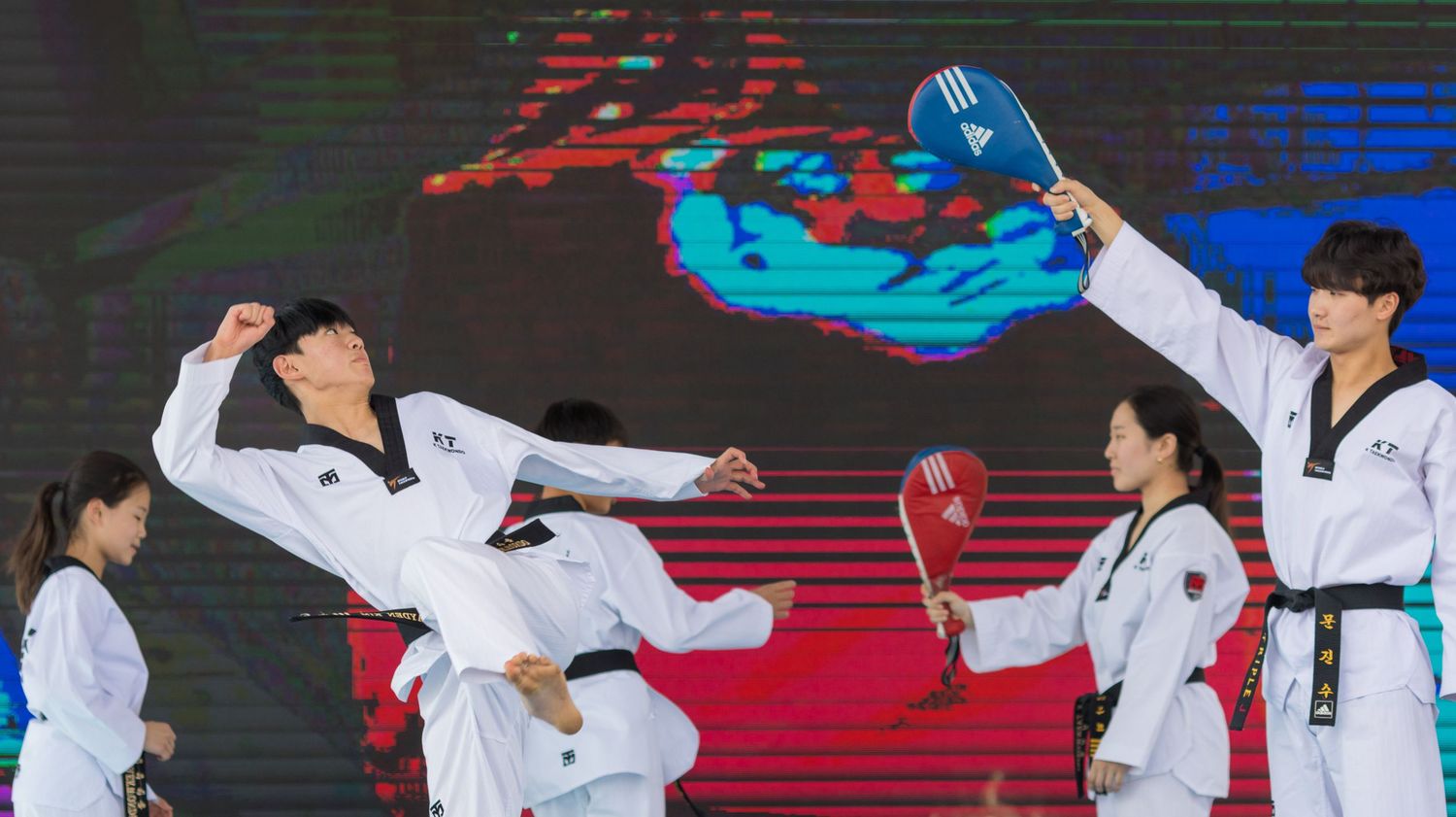 Martial artists in white taekwondo uniforms perform dynamic kicking and defensive moves during a demonstration.