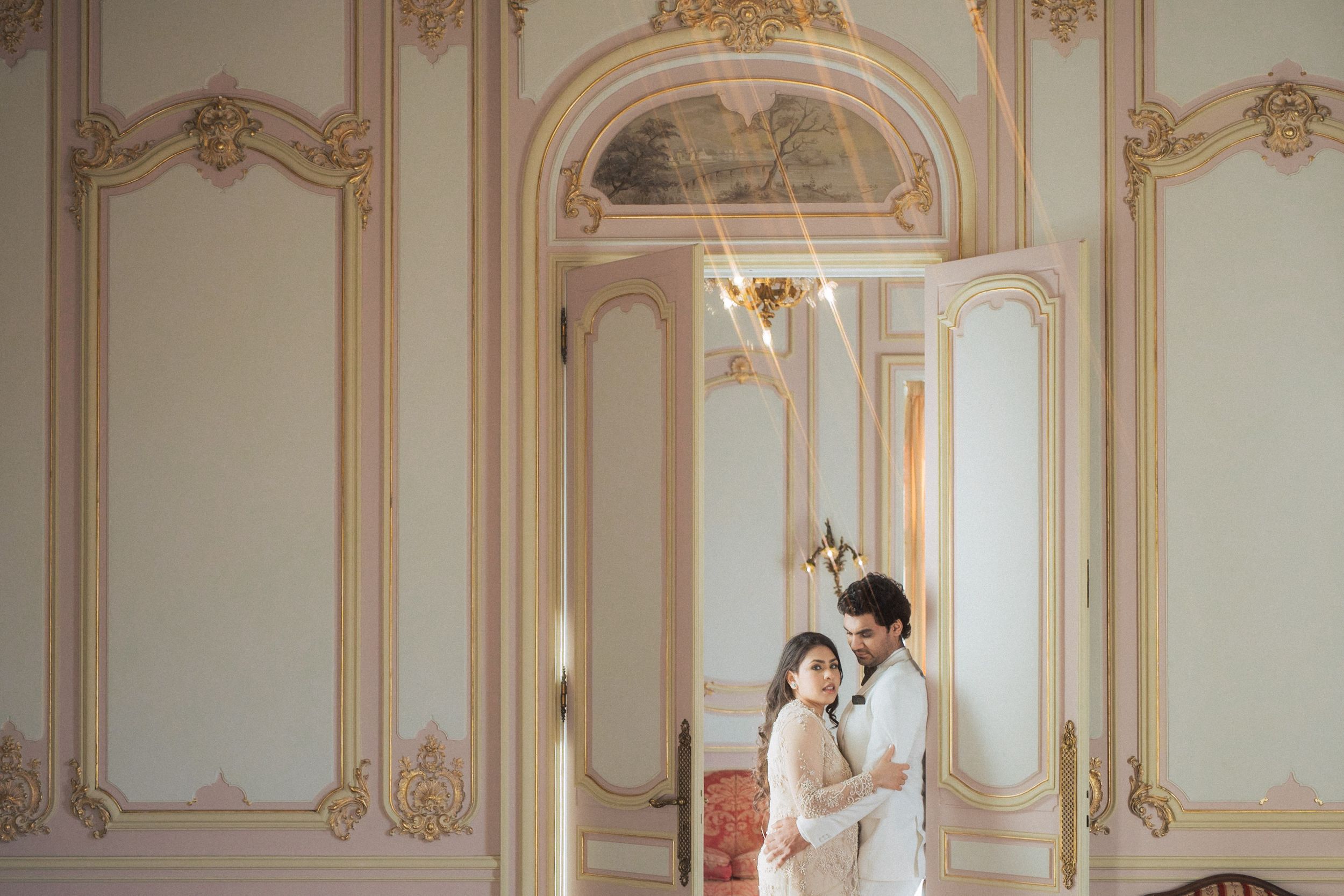 Romantic destination engagement photography at Pestana Palace, Lisbon.