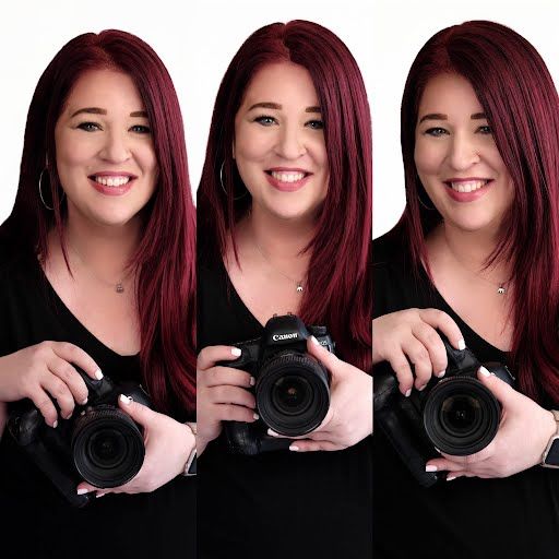 Professional portrait triptych featuring vibrant burgundy hair and a black top while holding a DSLR camera in each shot.