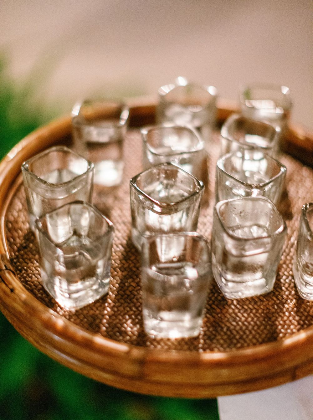 A tray with glasses on it, at a wedding party in Amanpulo, Philippines.