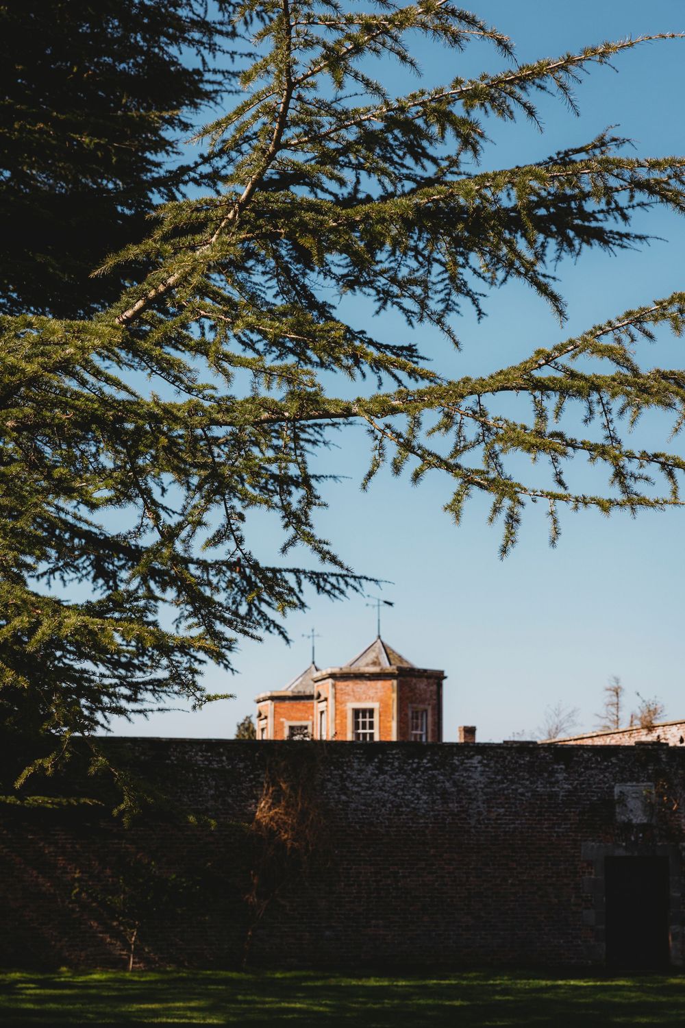 Brick building with pointed roof visible behind stone wall with overhanging evergreen branches against blue sky.
